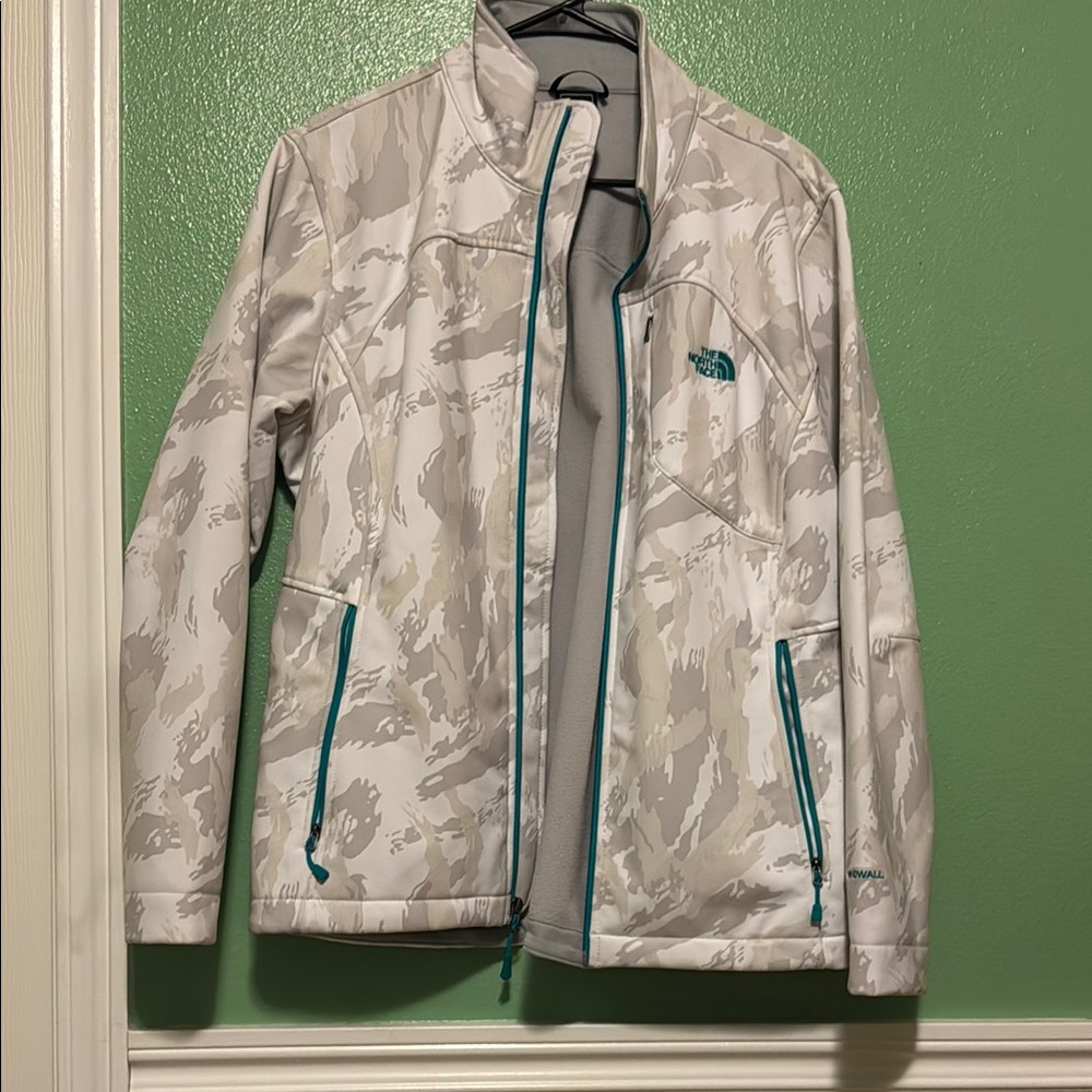 The North Face Camouflage Jacket with Teal Accents